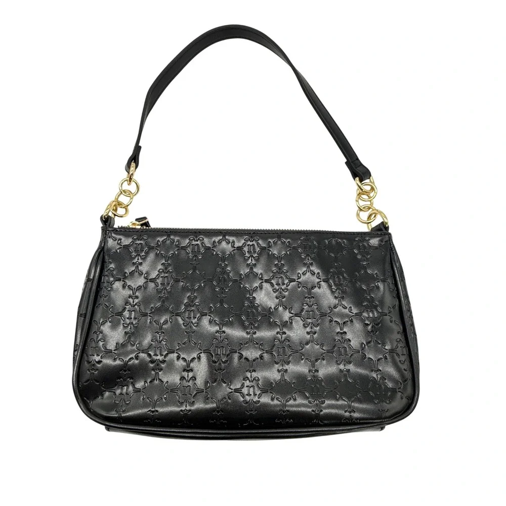 Nanette Lepore Black Embossed Logo Shoulder Bag Gold Chain Baguette Purse